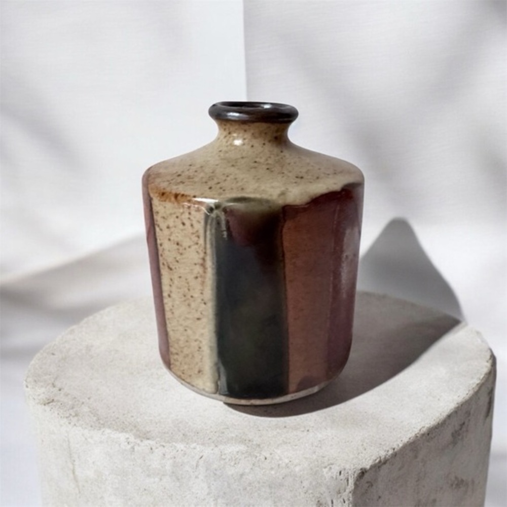 Rustic Ceramic Vase with Earthy Tones vintage. 3.5” high. Small vase